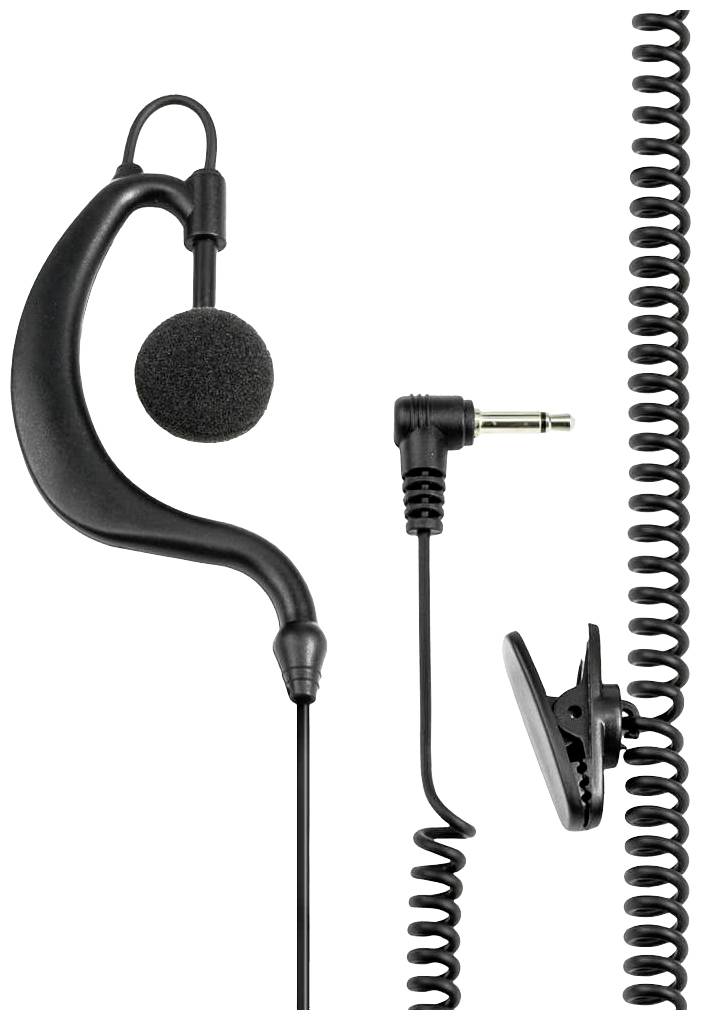 Een zwarte koptelefoonset met flexibele beugel, schuimrubberen oorkussens, spiraalvormige kabel, jackplug en clip.