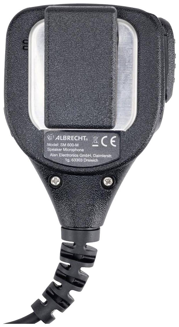 Zwart luidsprekermicrofoon met zilveren metalen elementen, voorzien van het opschrift 'ALBRECHT'. Spiraalvormige kabel aan de onderkant.