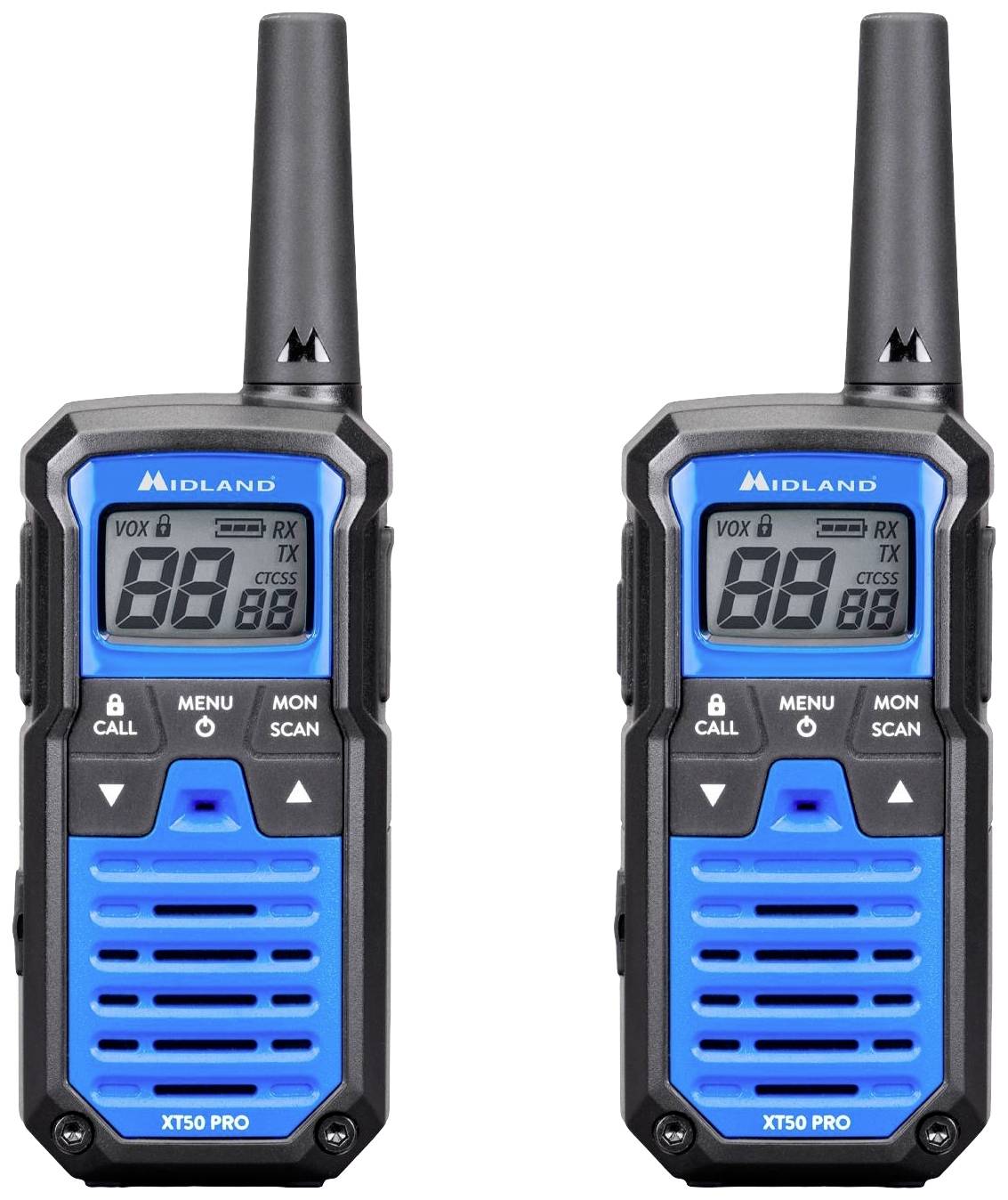 Twee blauwe portofoons met zwarte details en antennes. Beide tonen '88' op het display.
