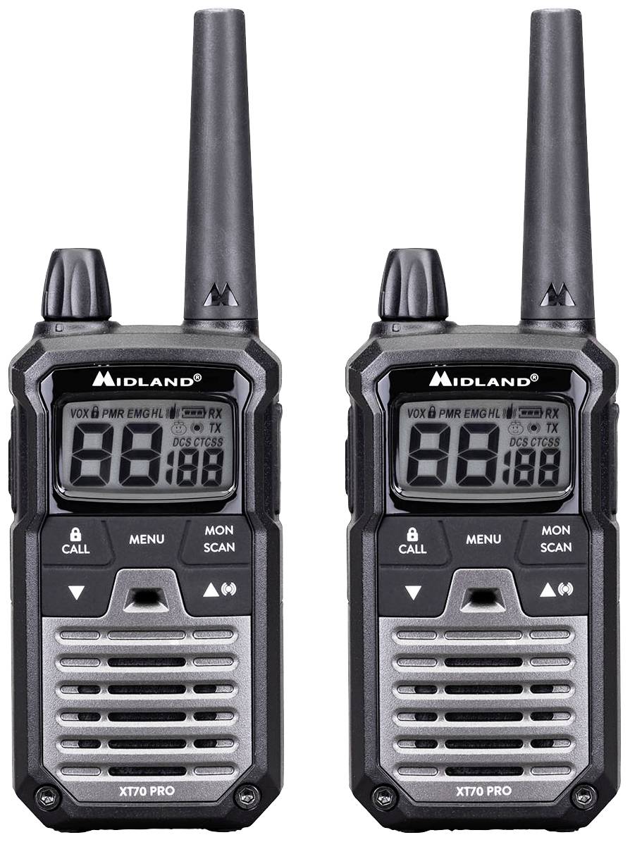 Twee zwarte walkies-talkies met antennes, merk Midland, model XT70 PRO, met display en knoppen voor menu, oproep, scan.