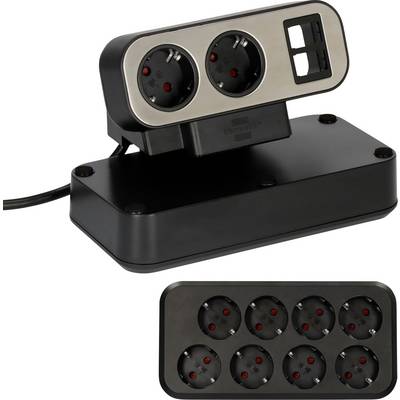 Zwart stekkerdoos met twee ronde Europese stopcontacten en twee USB-poorten, hieronder weergegeven met een groter model met acht outlets.
