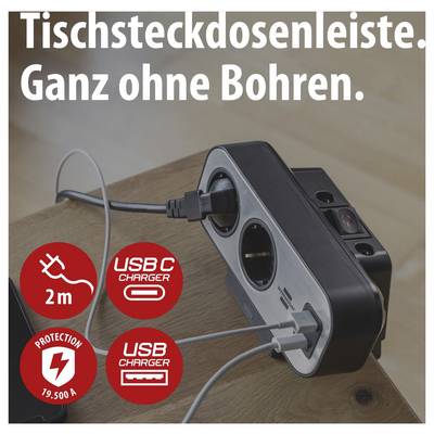Tafelstekkerstrip met USB-C- en USB-aansluitingen voor gebruik op het bureau, zonder boren; 2 m kabel en 19.500 A beschermingsaanduiding.