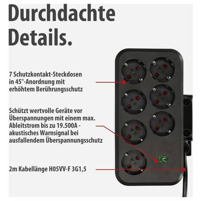 Productafbeelding van een 7-voudig stekkerdoosstrip met overspanningsbeveiliging; noemt 45°-opstelling, 2 m kabel en akoestische waarschuwingsindicatie.