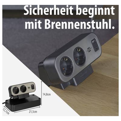 Advertentieafbeelding van een Brennenstuhl-stekkerdoos met twee Schuko-stopcontacten en schakelaar; Tekst: 'Veiligheid begint met Brennenstuhl.', Afmetingen 21,5 x 14,8 cm.
