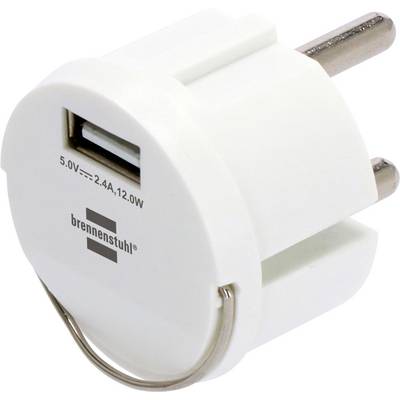 Witte Brennenstuhl USB-wandlader met twee ronde Europese stekkerpennen, één USB-poort, gelabeld 5.0V 2.4A 12.0W.