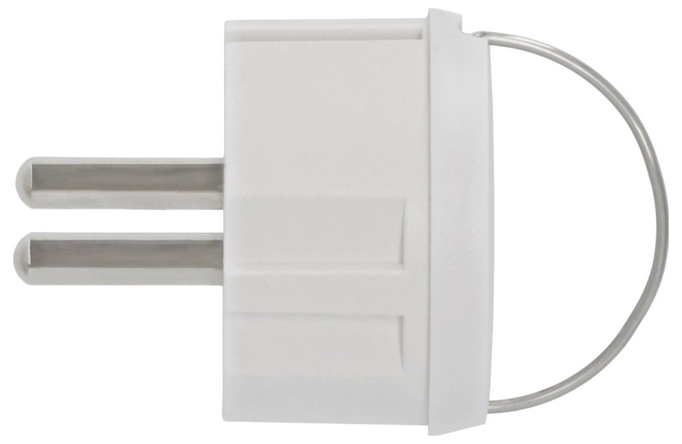 Witte twee-pins elektrische stekkeradapter met een U-vormig metalen handvat aan de rechterkant.