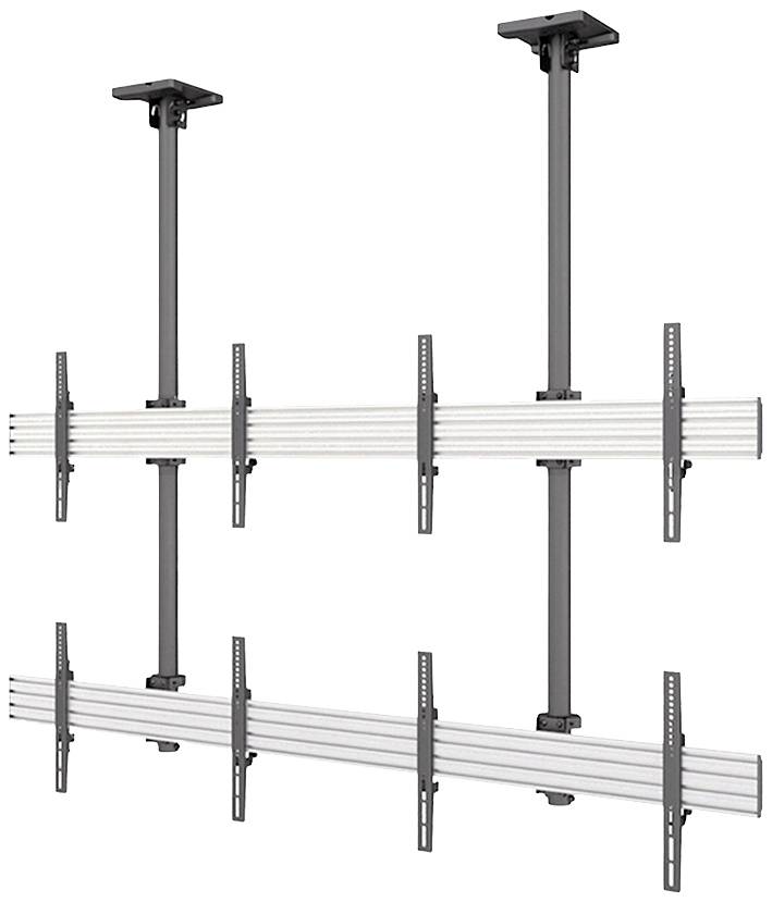 Plafondbevestigingssysteem voor meerdere monitors met twee verticale stangen en horizontale rails voor flexibele beeldschermplaatsing.