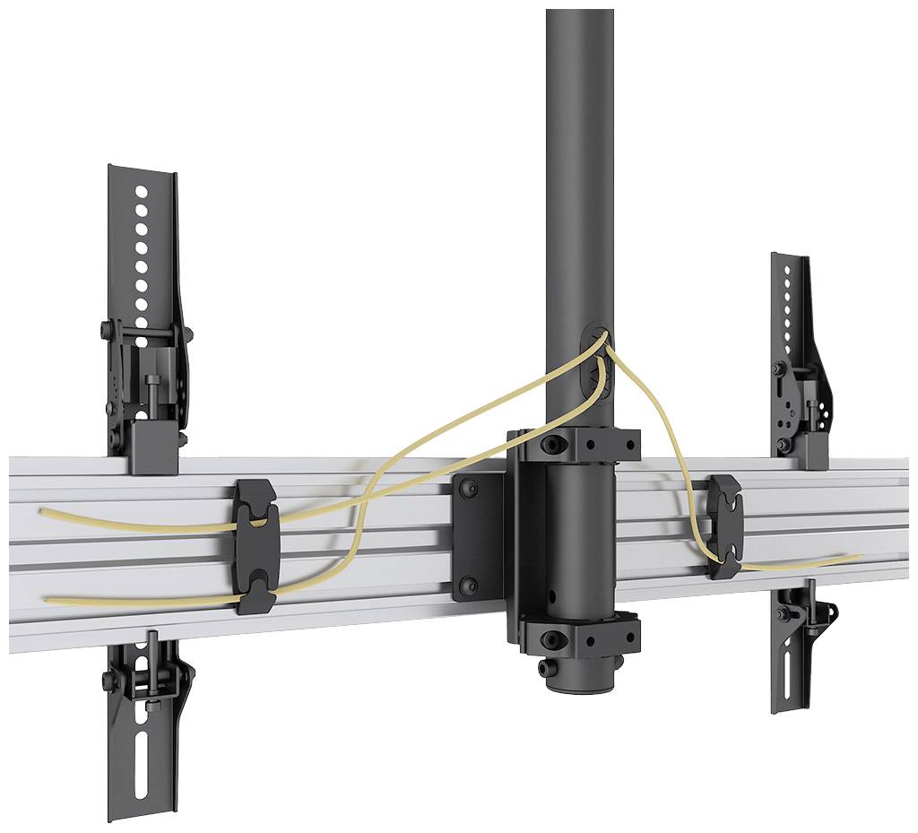 Montagesteunen met verticale staaf en meerdere bevestigingspunten aan een horizontale rail, kabels vastgemaakt.