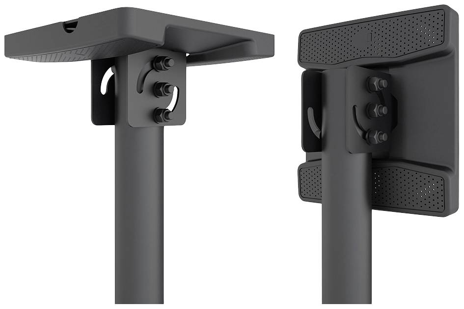 Zwarte, in hoogte verstelbare tafelhouder met twee perspectiefweergaven: vooraanzicht met platte kop en achteraanzicht met schroefbevestigingen.