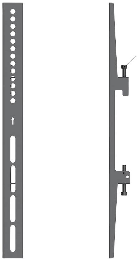 Een zijaanzicht van een metalen tv-wandbeugel, toont bevestigingspunten en stelschroeven voor kanteling en fixatie.