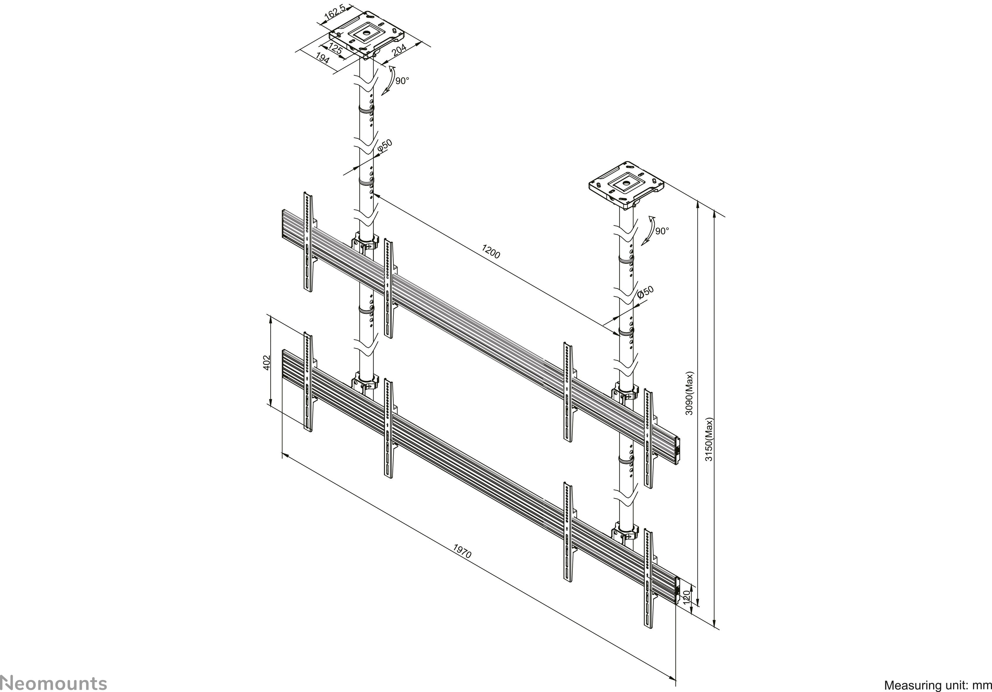 Een technische montagebeugel voor wandmontage met twee verticale stangen en horizontale rails. Afmetingen weergegeven in millimeters.