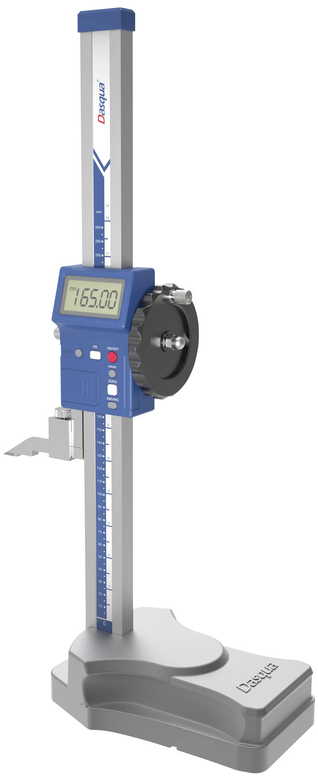 Schuifmaat met digitaal display, toont een meting van '765,00 mm'. Zilveren behuizing, blauw scherm, grijze basis.