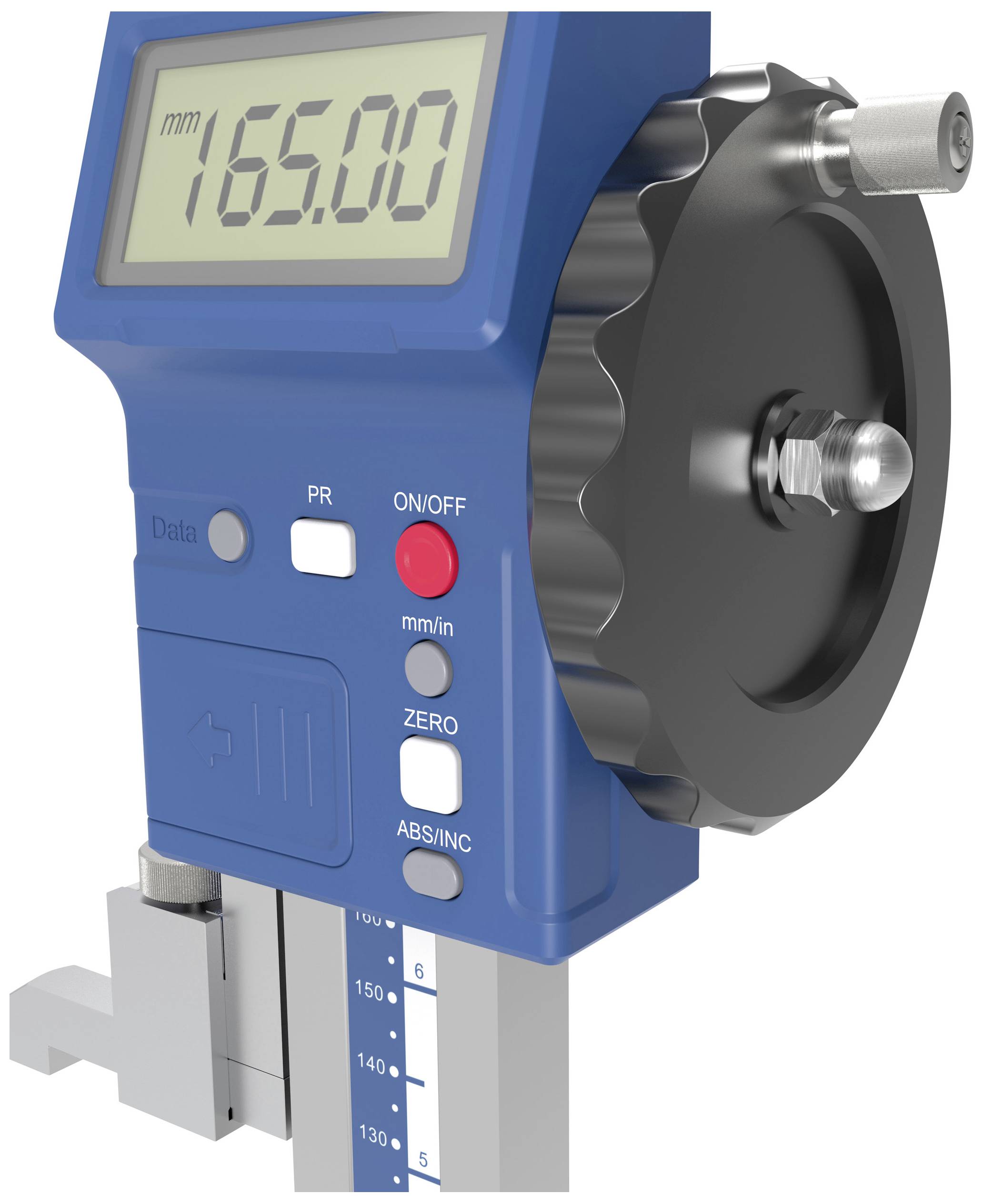 Schuifmaat met digitale weergave toont 165,00 mm. Groot instelbereik met mm/inch-schakelaar en nulstelfunctie.