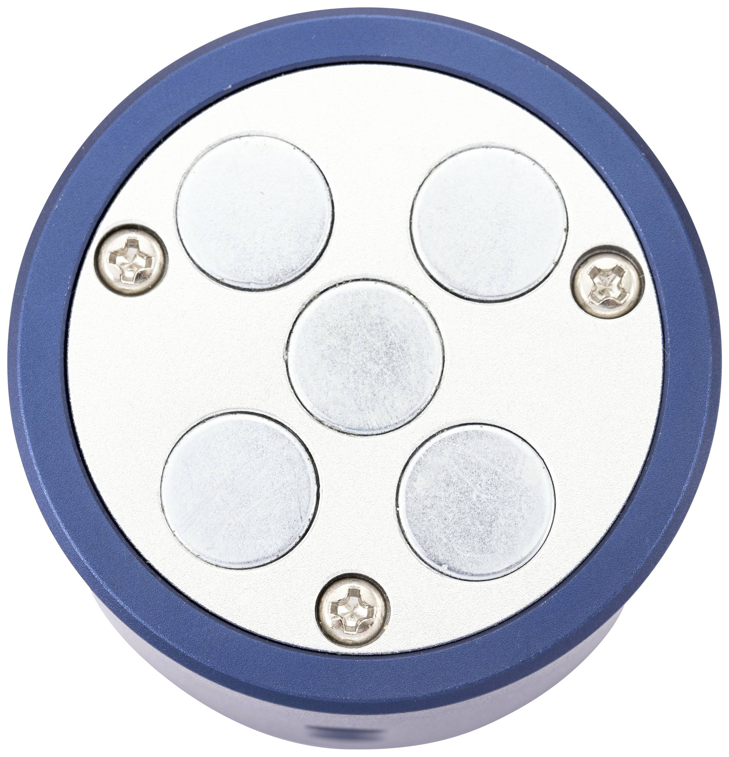 Blauwe ronde magnetische voet met vijf zilveren magneten en twee zichtbare schroeven.