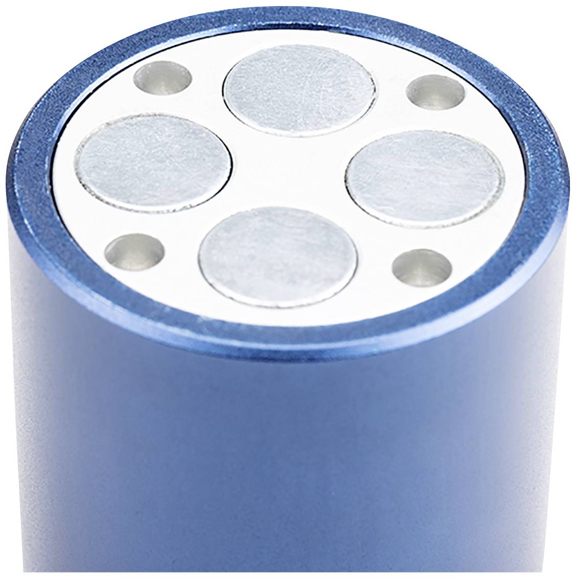 Een ronde, blauwe metalen cilinder met vier cirkelvormige, zilveren magneten bovenop.