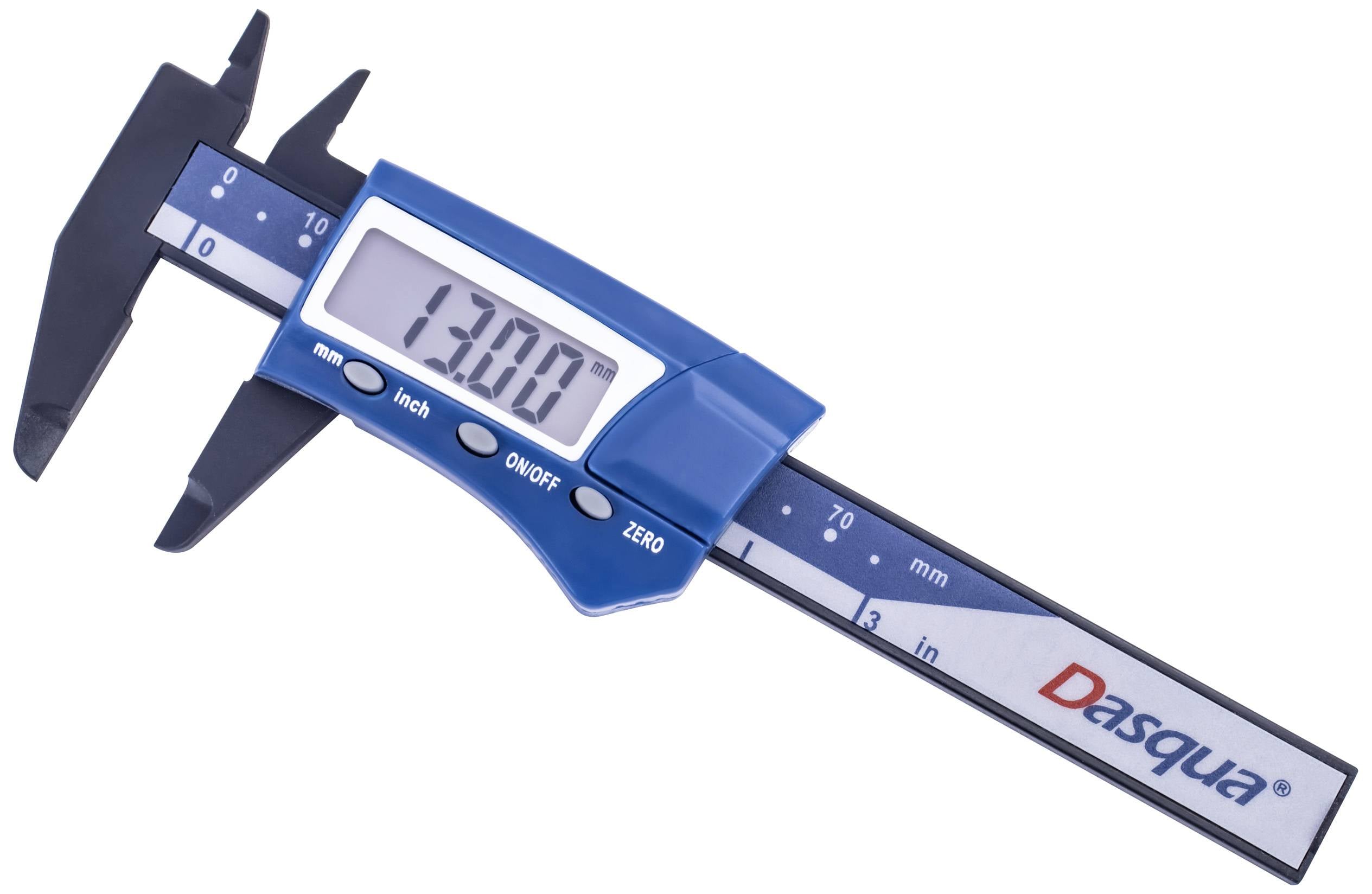 Elektronische schuifmaat toont meetwaarde van 13,00 mm. Het apparaat is blauw en heeft een omschakelfunctie voor millimeters en inches.