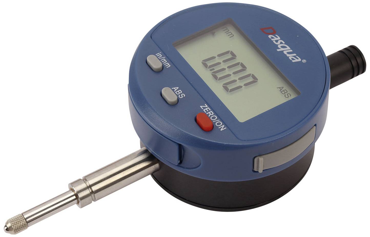 Een digitaal meetinstrument met een blaue behuizing toont een waarde van '0.000'. Het heeft knoppen voor 'mm/inch', 'ABS', 'ZERO'.