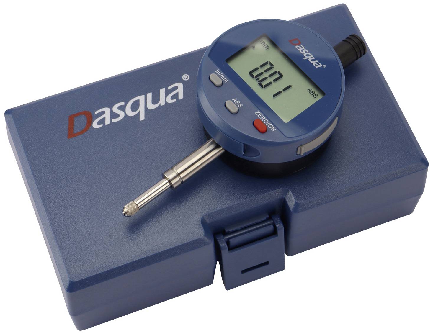 Een digitaal meetinstrument ligt op een blauw behuizing met het opschrift 'Dasqua', met een display dat '0.01' weergeeft.