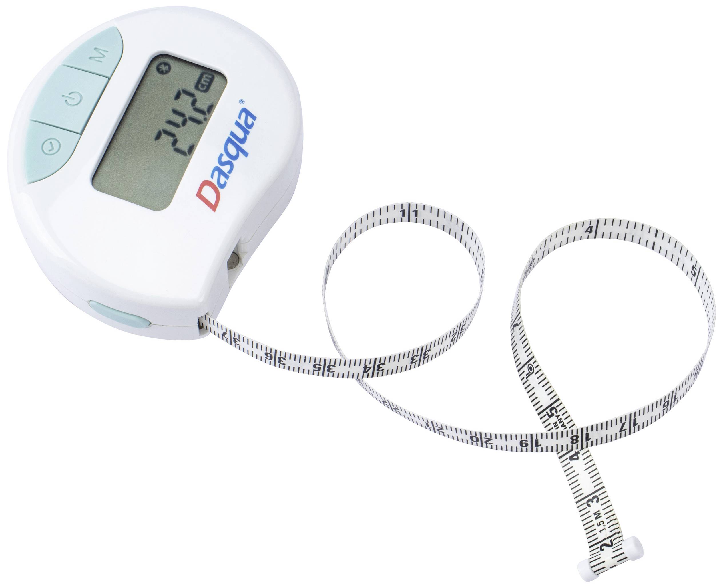 Elektronische rolmaat met digitaal display toont '24,1 cm'. Het is wit, met twee knoppen en een aanduiding in centimeters.