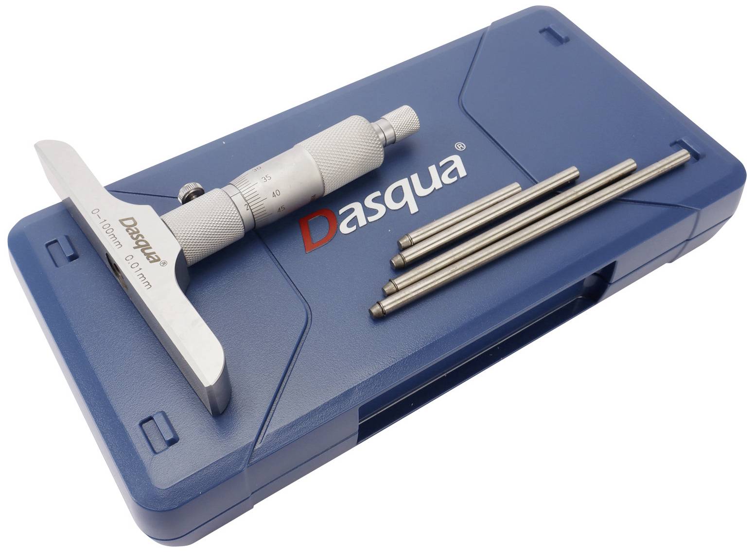 Een hoogtemeter met opzetstukken ligt op een blauw kunststof etui.