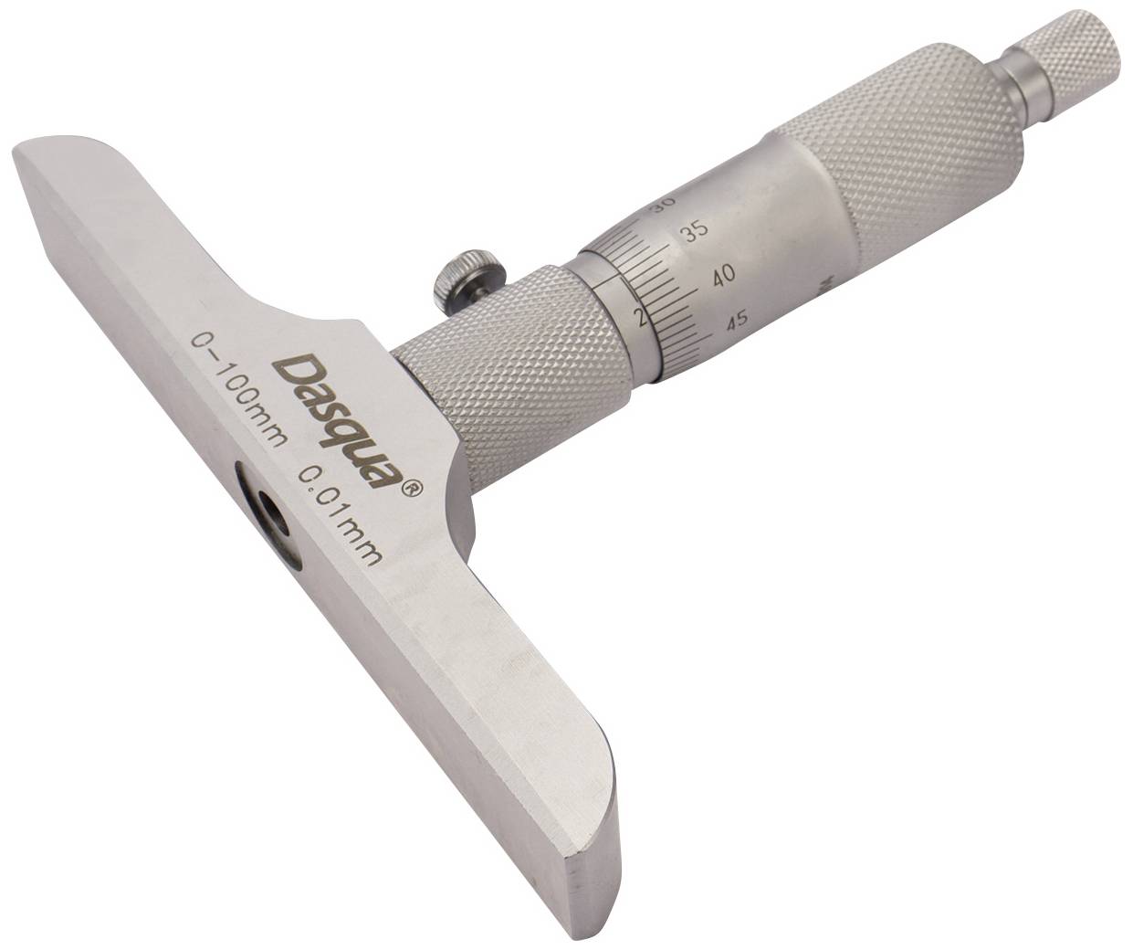 'Dieptemetingschroef met schaal in millimeters, bereik 0-100 mm, nauwkeurigheid 0,01 mm. Hoofdonderdeel van metaal met gegroefde greep.'