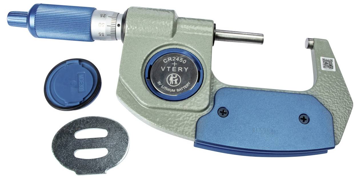 Een micrometer met een blauw draairad en bijbehorende onderdelen. Wordt gebruikt voor nauwkeurige metingen van kleine objecten.
