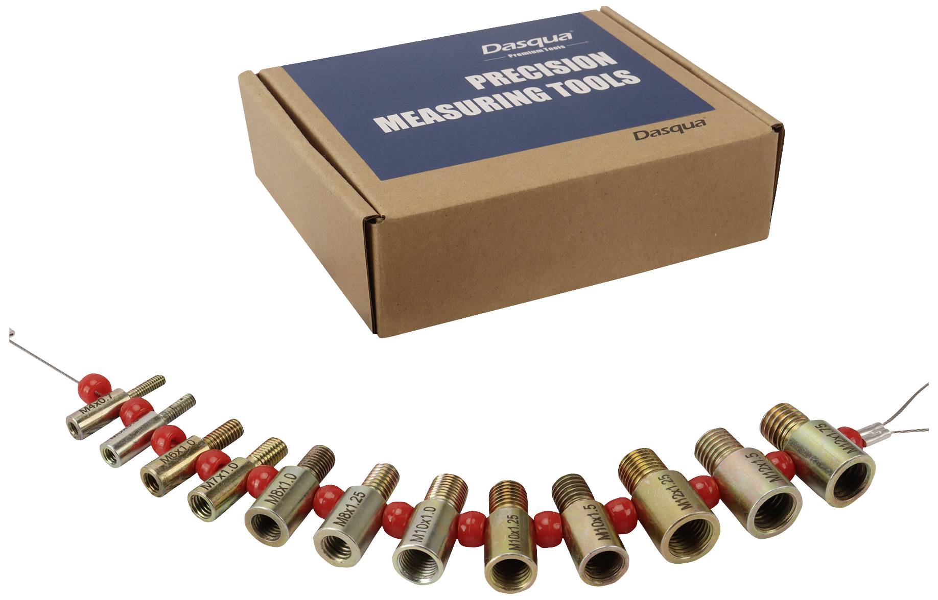 Een set precisie-meetinstrumenten in een doos. Op de voorgrond zijn verschillende metalen adapters met rode markeringen naast elkaar gerangschikt.