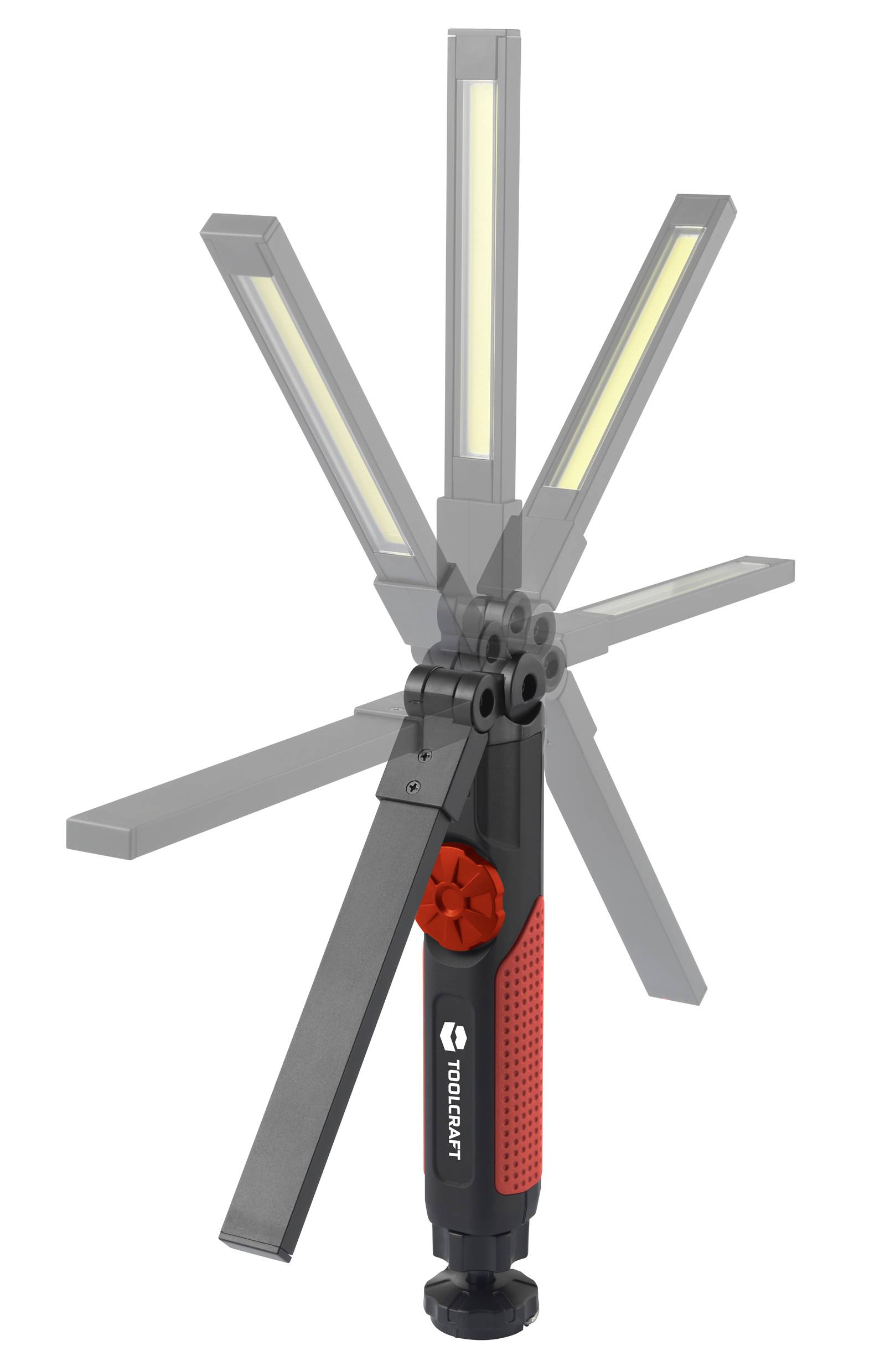 Opvouwbare werkverlichting met draaibare LED-panelen, rood-zwarte handgreep en TOOlCRAFT-logo. Geschikt voor variabele verlichting.