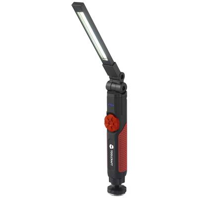 Draagbare LED-lamp met opvouwbare verlichtingsarm en rode handgreep. Geschikt voor flexibele verlichting in werkplaatsen of garages.
