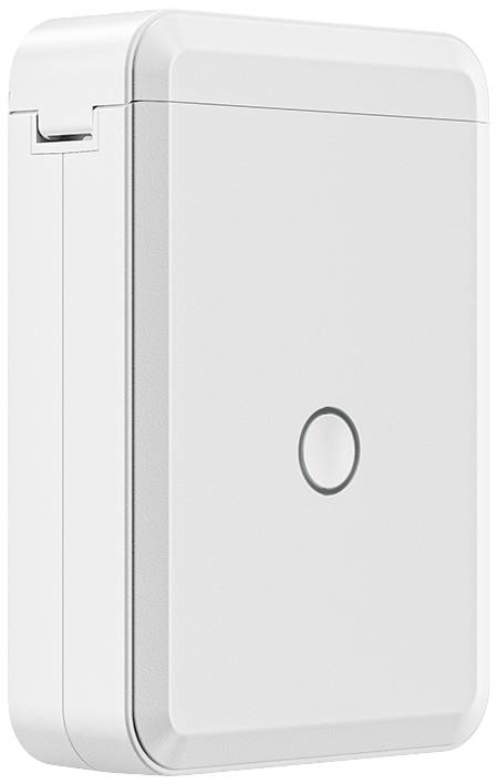 Een rechthoekig, wit elektronisch apparaat met een ronde knop in het midden. Het heeft gladde oppervlakken en afgeronde hoeken.