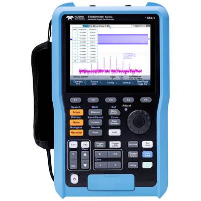 Een draagbaar digitaal oscilloscoop met een gekleurd display toont een signaaldiagram. Talrijke knoppen voor verschillende instellingen zijn aanwezig.
