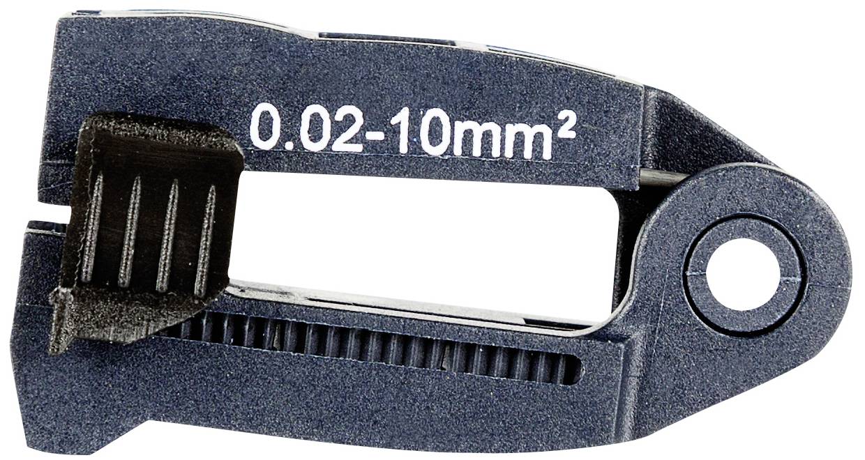 Een blauwe kabelverbinder, gemarkeerd met '0.02-10mm²'. Hij heeft een opening en een zwart klemmechanisme.