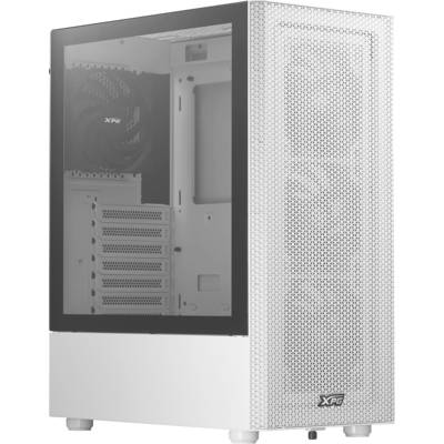 Wit PC-behuizing van XPG met zijdelings glazen paneel en geventileerd frontpaneel. Perfect voor PC-bouwprojecten met een heldere blik op de componenten.