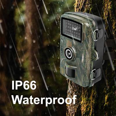 Een weersbestendige wildcamera met camouflagepatroon, bevestigd aan een boomstam in de regen. Tekst: 'IP66 Waterproof'.