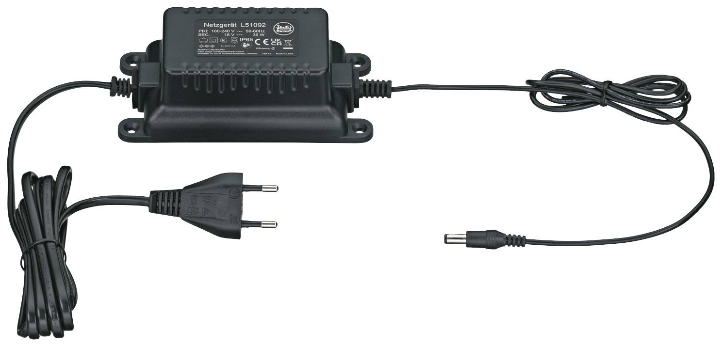 Zwart voedingsadapter met EU-stekker en DC-aansluitkabel, geschikt voor elektronische apparaten. Opschrift toont technische specificaties.