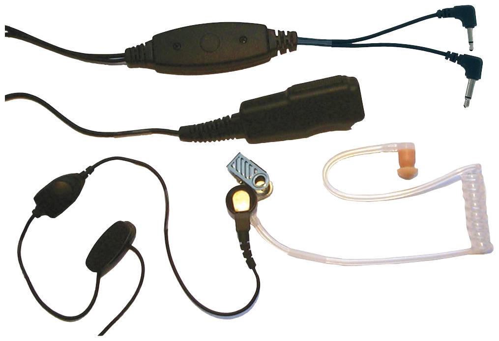 Een set van oordopjes en microfoon met transparante buis en connector, geschikt voor discrete communicatie, bijvoorbeeld in beveiligingsdiensten.