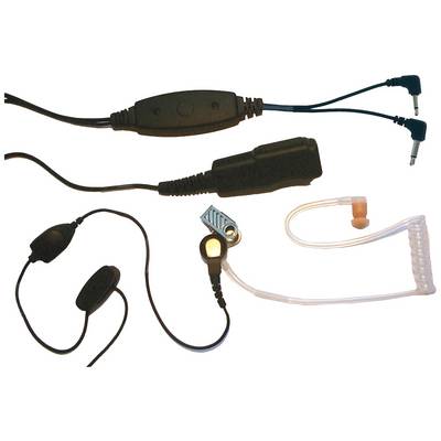 Een set van oordopjes en microfoon met transparante buis en connector, geschikt voor discrete communicatie, bijvoorbeeld in beveiligingsdiensten.