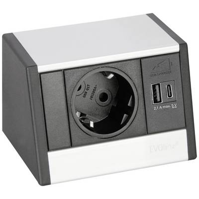 Zwarte stekkerdoos met USB-uitgang, geschikt voor het aansluiten van apparaten en opladen, gemonteerd op een tafel.
