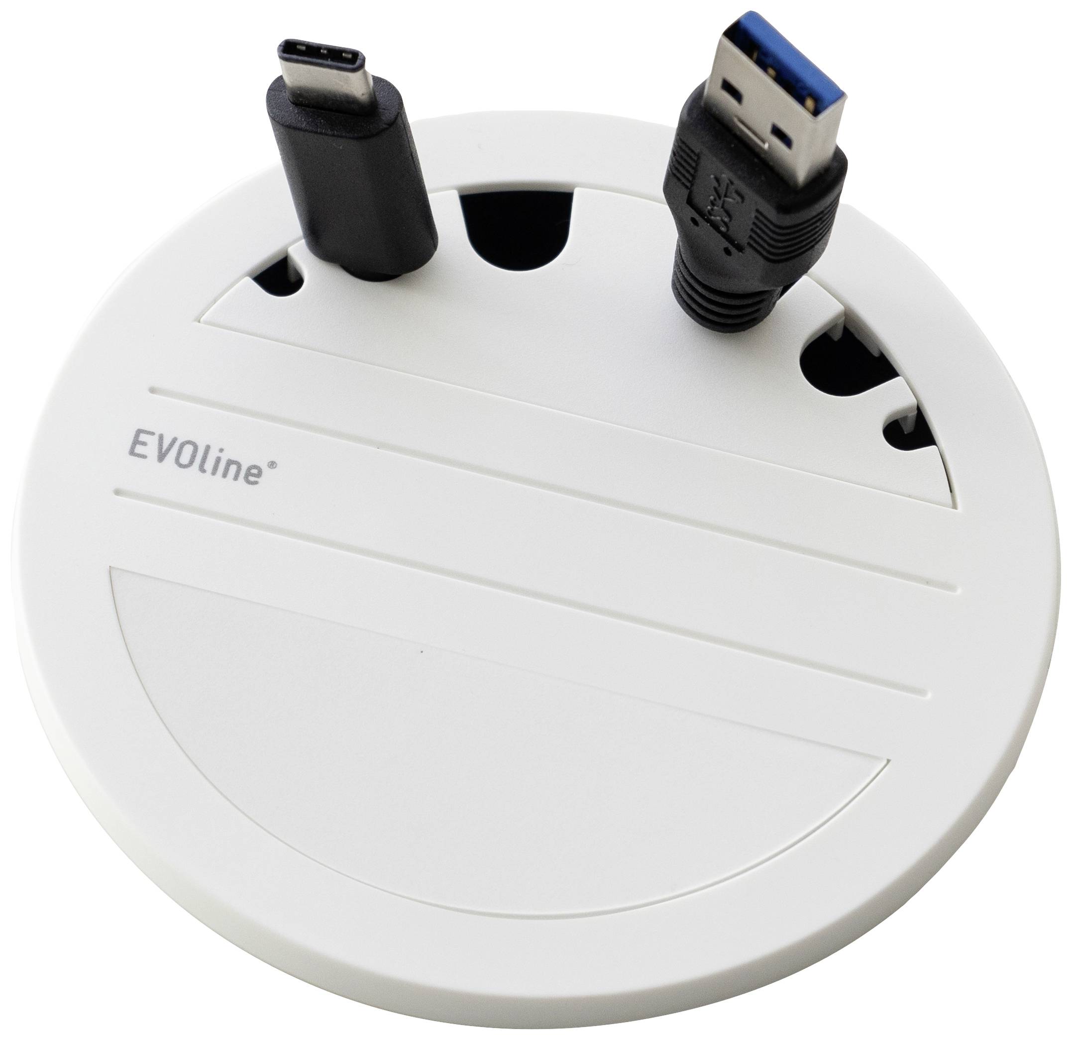 Ronde witte stekkerdoos met USB-C- en USB-A-poorten, gemarkeerd met 'EVOline'.