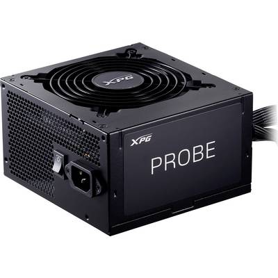 Een zwarte computer-voeding van het merk XPG met ventilator en de tekst 'PROBE' aan de zijkant.