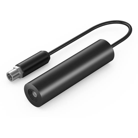 Zwarte cilindrische sensor met kabel en stekker, gebruikt in industriële toepassingen voor het meten van positie of beweging.