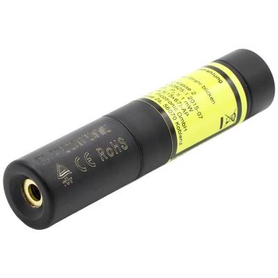 Zwarte accu met geel etiket en technische specificaties. Geschikt voor elektrische apparaten.