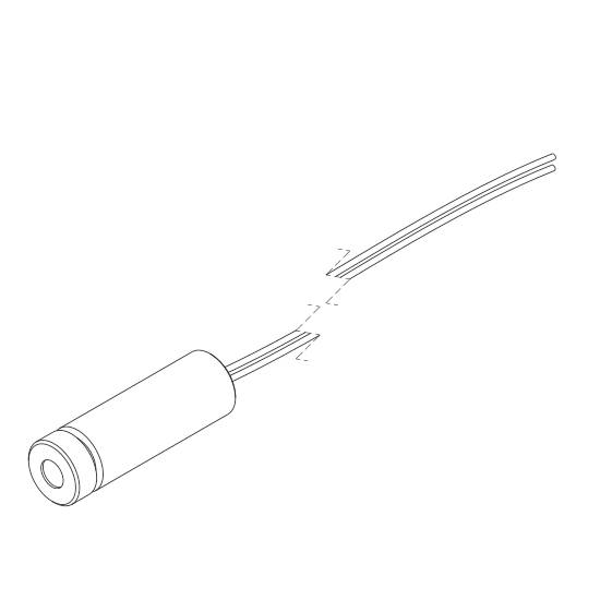 Een cilindrische sensor met uitstekende kabels. De afbeelding toont een technische tekening van de sensor.