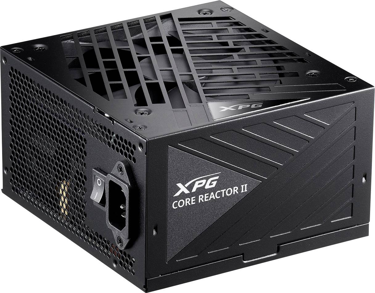 Zwart computervoedingsapparaat 'XPG Core Reactor II' met ventilatiesleuven, aansluitbus en draadrooster afdekking.
