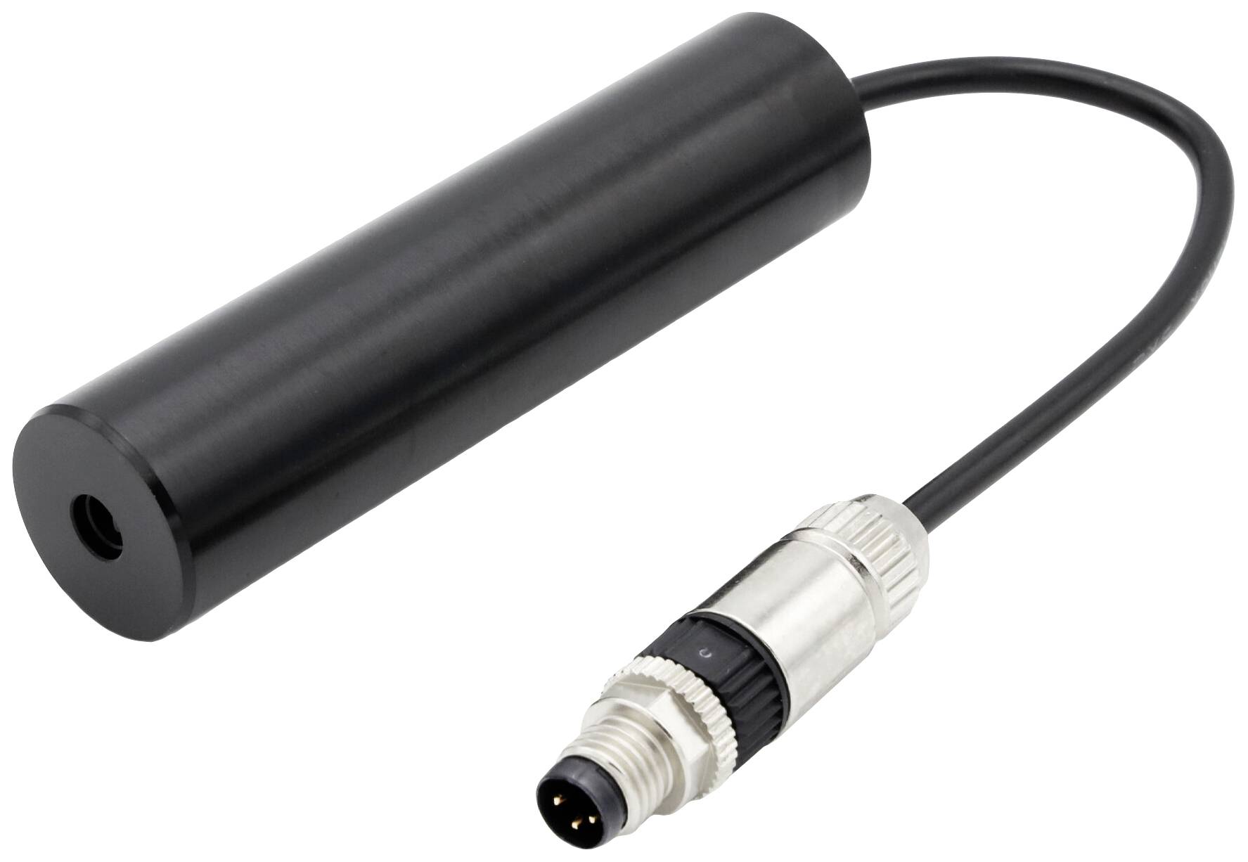 Een cilindrische, zwarte sensor met een kabel die uitmondt in een zilveren stekker met meerdere pinnen.