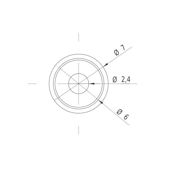 Technische tekening van een cirkel met diameters: Ø 7, Ø 2,4 en Ø 6, die wijzen op verschillende concentrische cirkels.