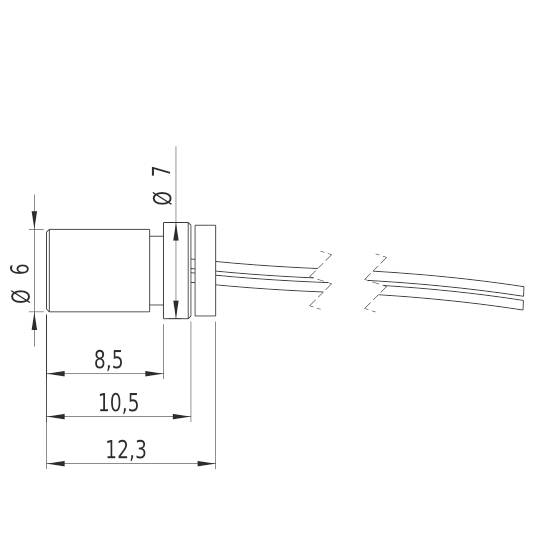 Technische tekening van een cilindrisch elektronisch onderdeel. Afmetingen: lengte 12,3 mm, diameter 6 mm, kabeldiameter 7 mm.