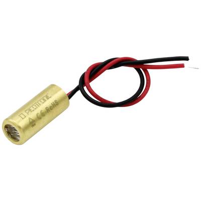 Een kleine, cilindrische laser met een goudkleurige behuizing en twee eraan bevestigde kabels, rood en zwart.