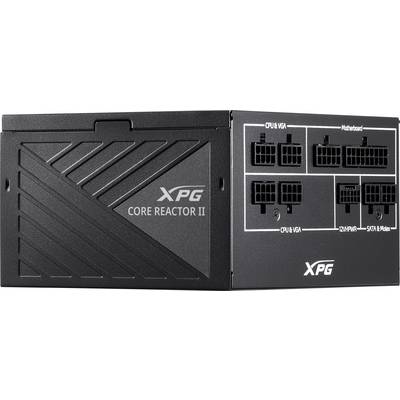 Zwart XPG Core Reactor II voedingsapparaat met verschillende aansluitingen voor CPU/VGA, moederbord, randapparatuur en SATA-apparaten.
