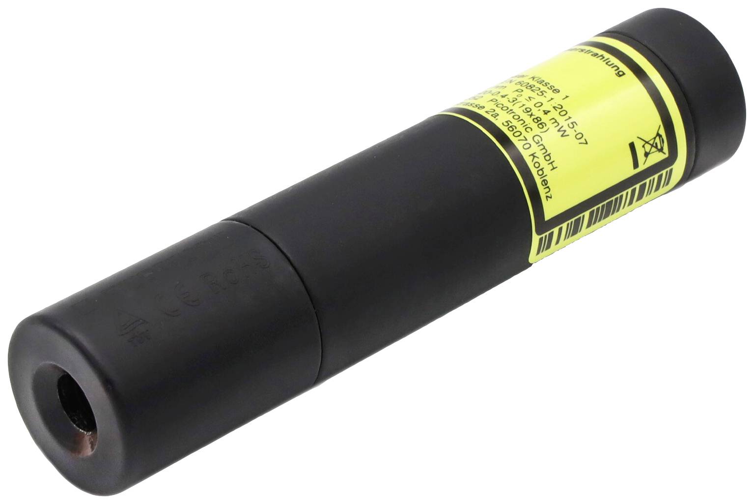 Een zwarte cilindrische laserpointer met een geel waarschuwingsetiket. De laserpointer is bedoeld voor optische hulpmiddelen en presentaties.